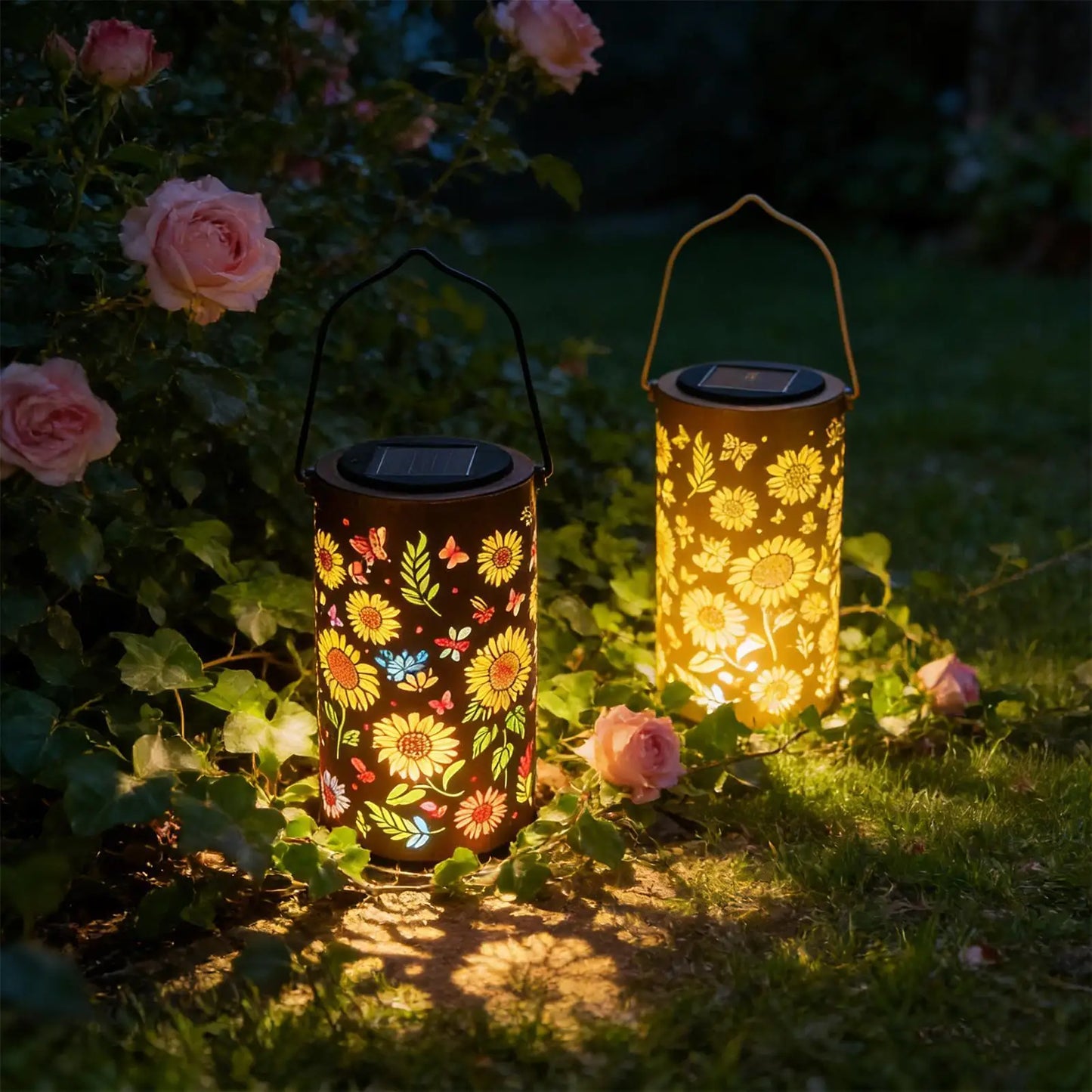 Lanterna de jardim com energia solar e estampa de girassol